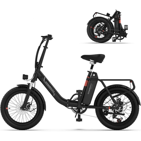 Bike, 20 "Fat Tire step-thru electric bicycle, 900W peak motor 45 miles 20mph top, dual suspension; 7-speed Foldi