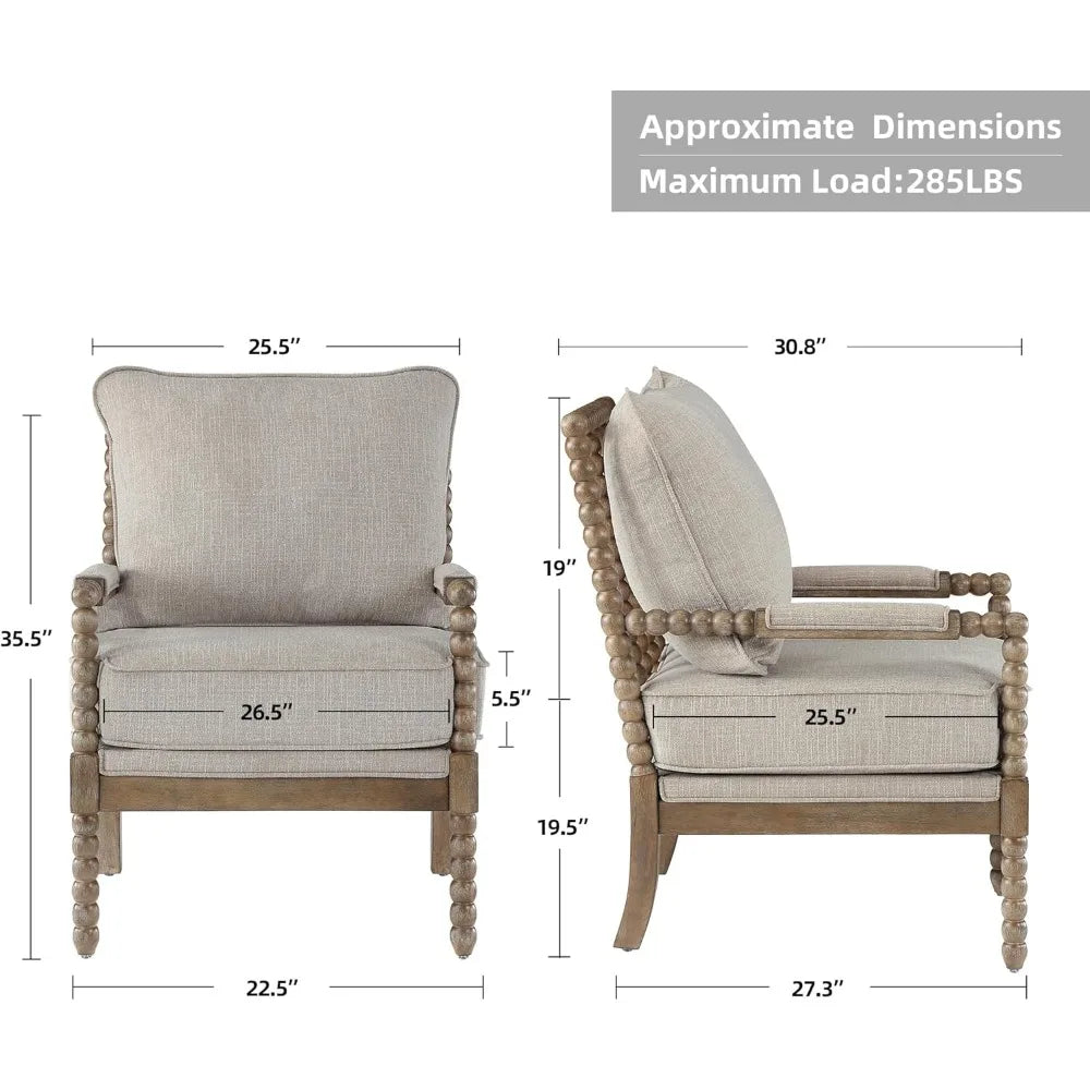 Linen Fabric Spindle Accent Chair with Wood Frame,Modern Accent Chairs with Padded Spring Seat and Brushed White Base for Living