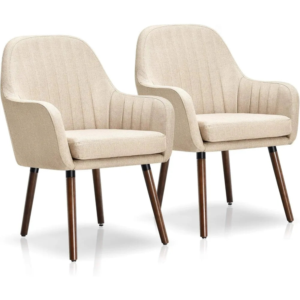 Set of 2 Fabric Dining Chairs, Accent Upholstered Arm Chair w/Wood Legs, Thick Sponge Seat, Non-Slipping Pad, Leisure Chair