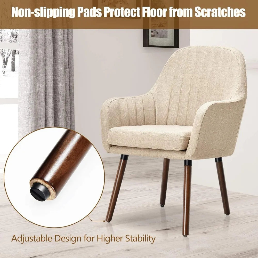 Set of 2 Fabric Dining Chairs, Accent Upholstered Arm Chair w/Wood Legs, Thick Sponge Seat, Non-Slipping Pad, Leisure Chair