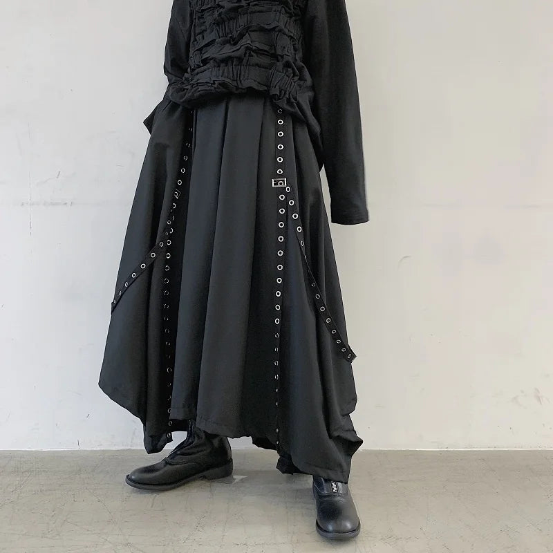 Four seasons Yamamoto style dark men's and women's skirt pants rivet webbing decoration loose wide leg pants hairstylist skirt