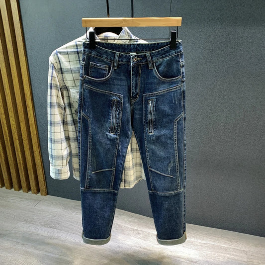 New Y2k Mens Jeans Zipper Design Stitching Fashion Pants Male Stretch Streetwear Motorbike Biker Jeans Denim Trousers