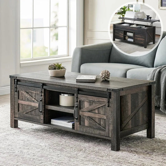 48 Inch Farmhouse Lift Coffee Table with Sliding Barn Door, Hidden Storage Compartment, Lift Tabletop, and Adjustable Shelf