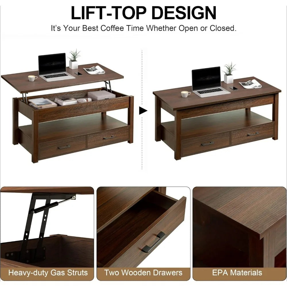 Coffee Table with Storage Drawers and Hidden Compartments Elevated Coffee Table with Wooden Lift Top for Living Room