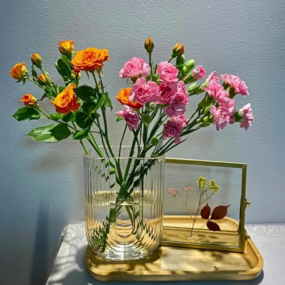 Clear Ribbed Glass Flower Vase,7" H Modern Small Vase, Ellipse U Shaped Fluted Striped Decorative Vase, Fit for Home Living Room