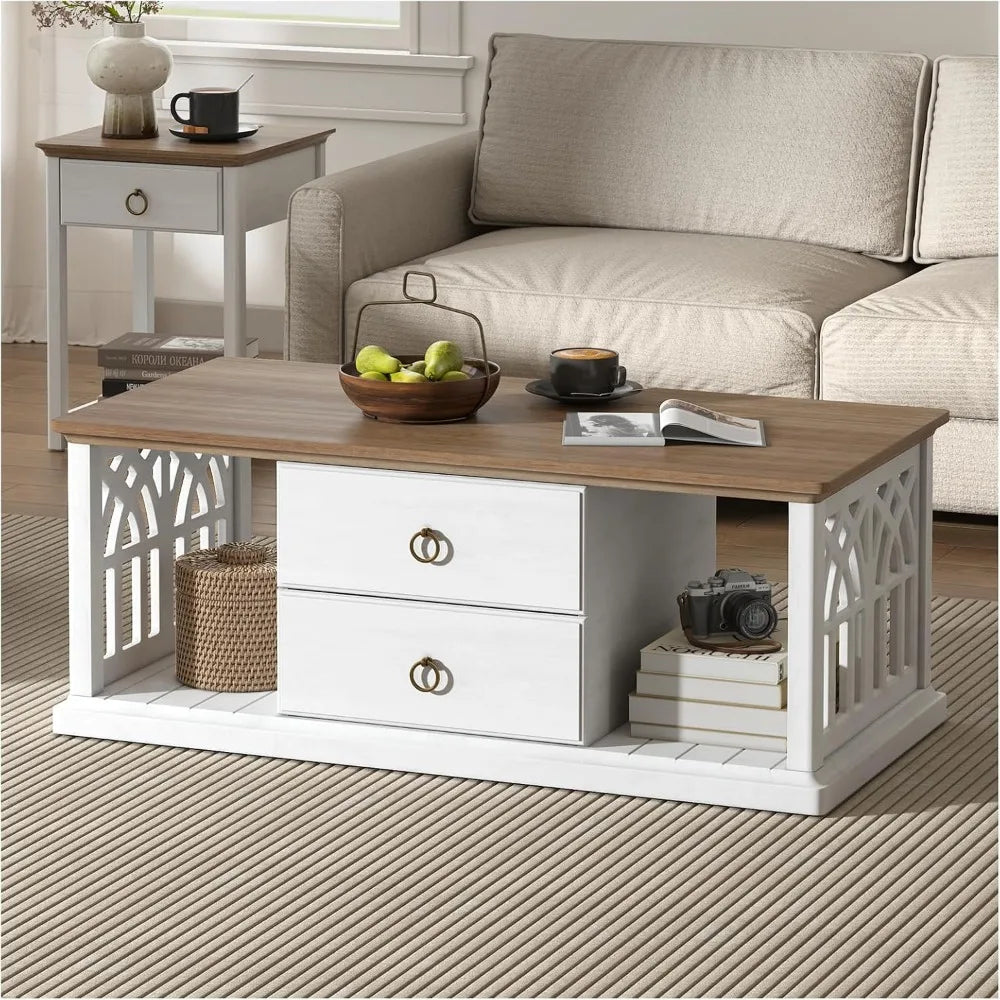 Farmhouse coffee table with storage space, modern coffee table with drawers, living room coffee table with open shelves