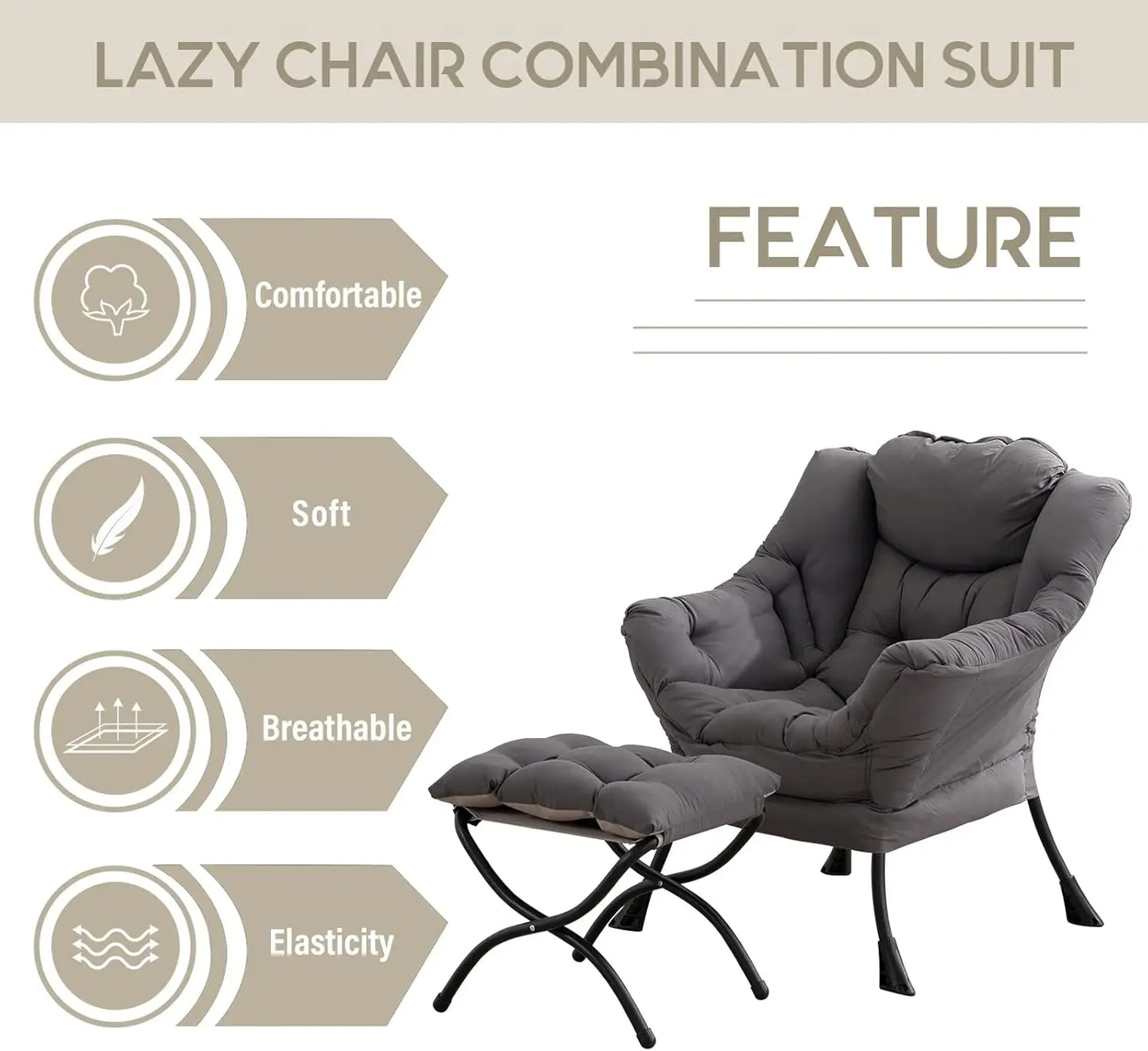 LITA Lazy Chair with Ottoman, Modern Accent Leisure Upholstered Sofa Chair, Contemporary Lounge Reading Chair with Armrests and