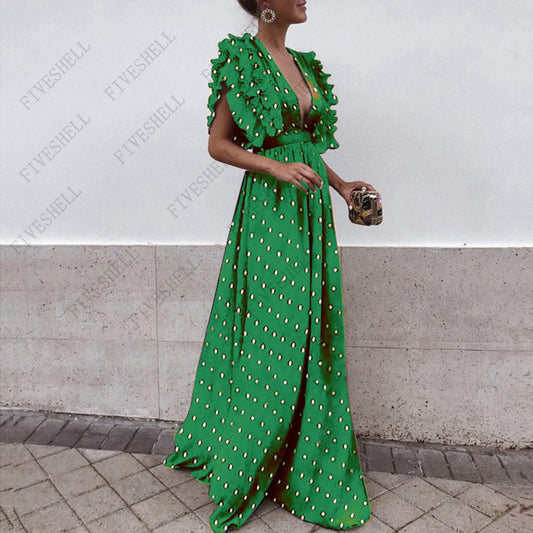 Medieval Polka Dot Chiffon Summer Bohemian Beach Dress Hollow Out Fit and Flare Maxi Women Dresses V Neck Patchwork Vestidos