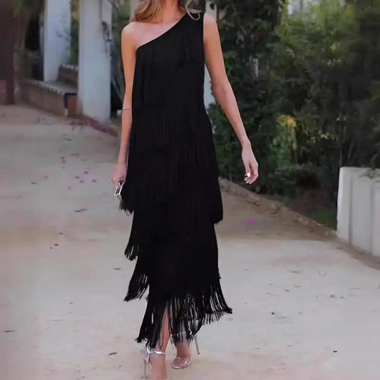 Evening Dress Elegant Fringed Tassel Maxi Dress for Women One Shoulder Asymmetric Evening Gown Cocktail Party Prom Dress