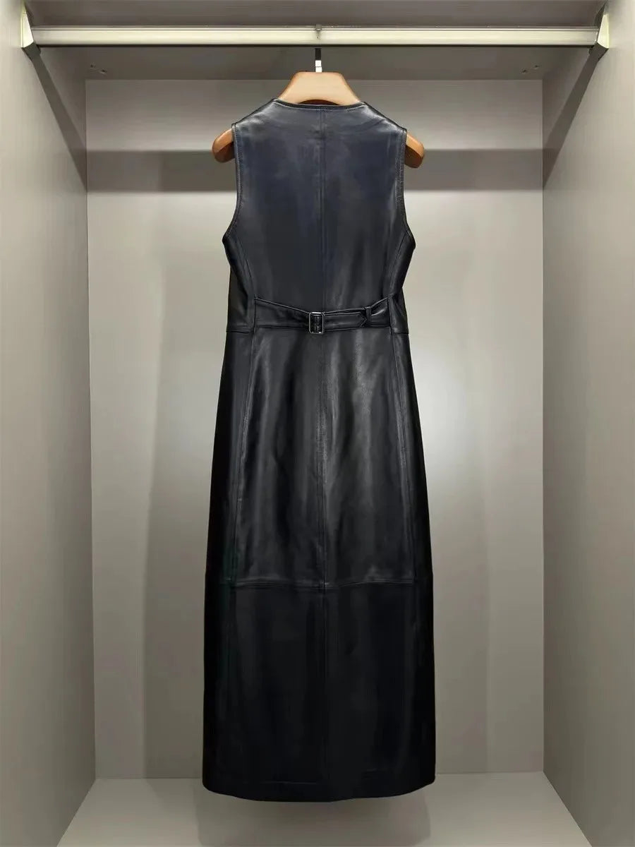 2024 Fashion New Genuine Leather Skirt Sheepskin Slit High Waist Adjustable Multi-Button Dress E51