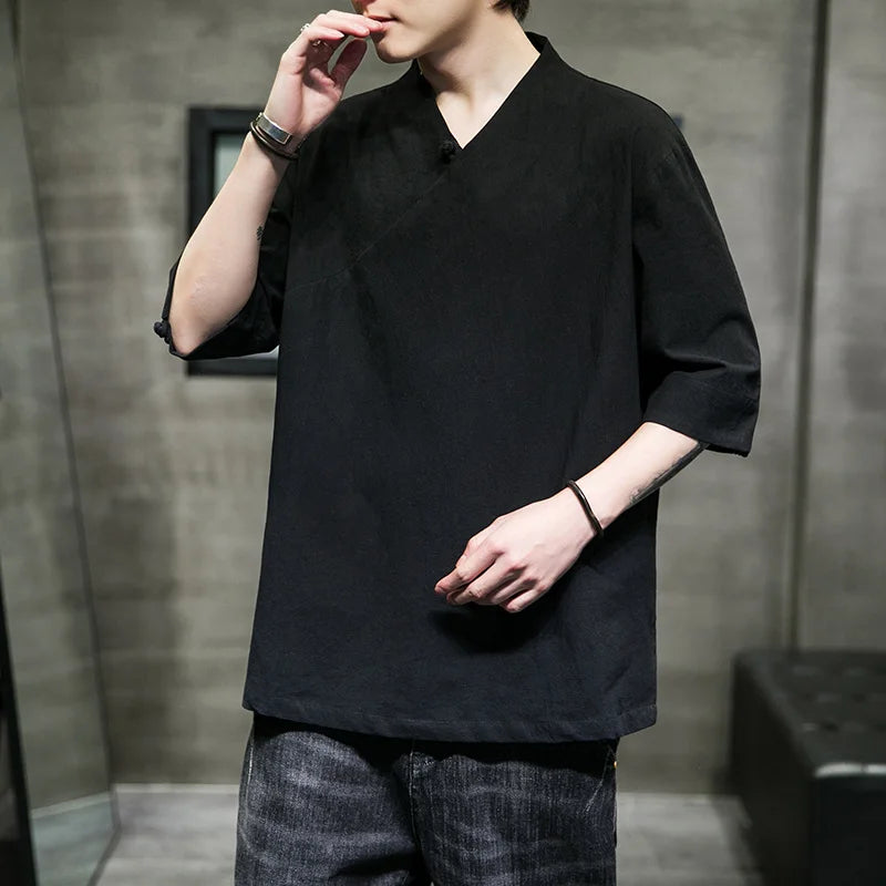 Chinese Traditional Dress Retro V-Neck T-Shirt Men Clothing 2022 Summer Plus Size Five-Point Sleeve Hanfu Black Thin Linen Top
