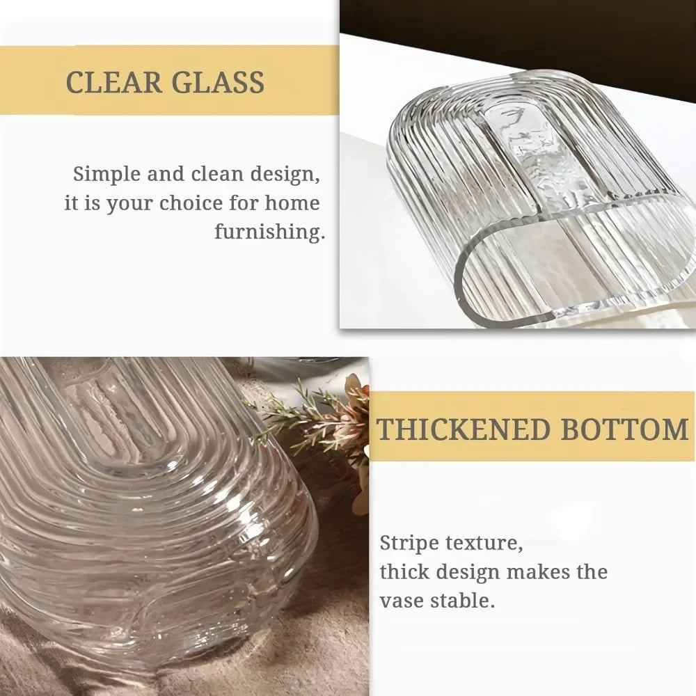 Clear Ribbed Glass Flower Vase,7" H Modern Small Vase, Ellipse U Shaped Fluted Striped Decorative Vase, Fit for Home Living Room