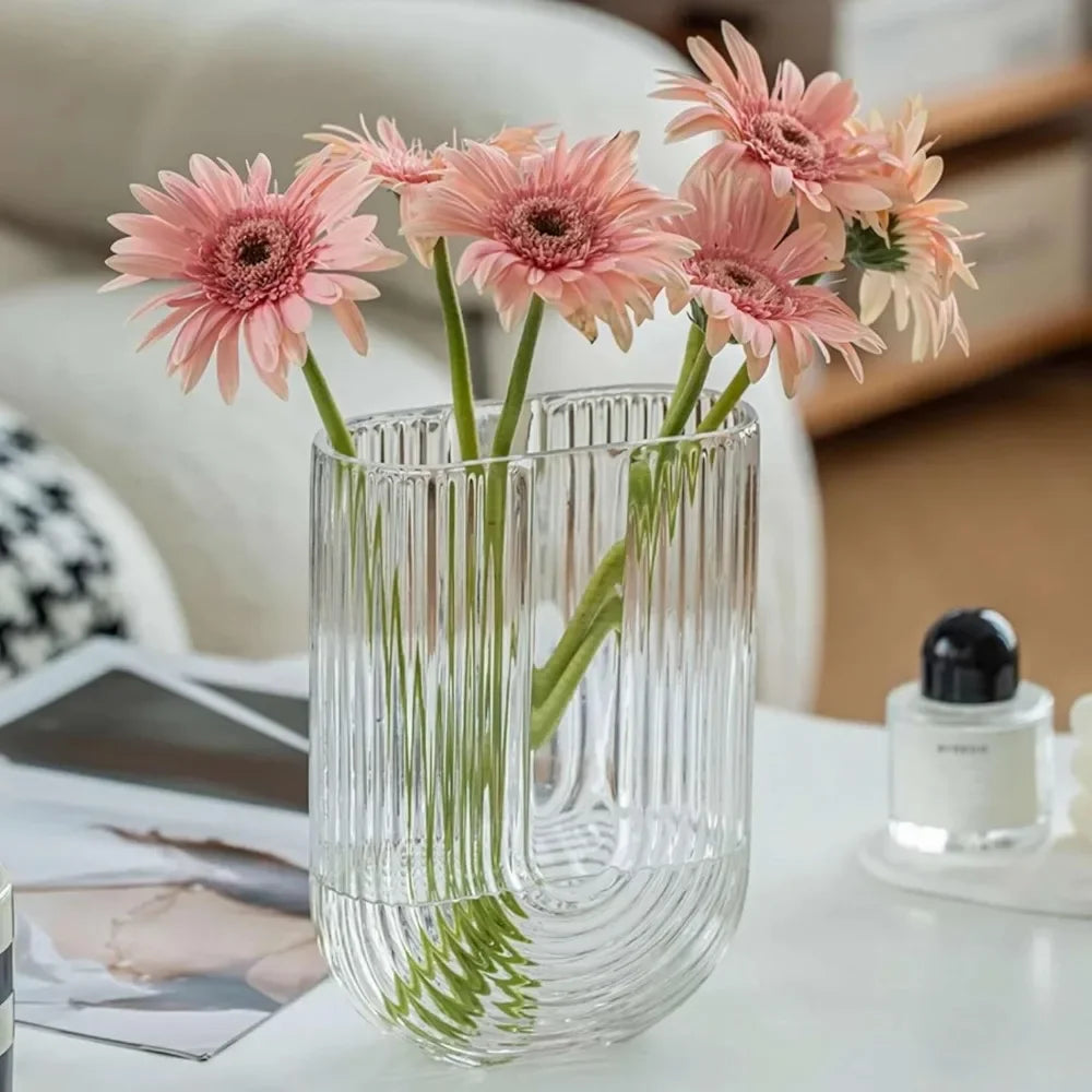 Clear Ribbed Glass Flower Vase,7" H Modern Small Vase, Ellipse U Shaped Fluted Striped Decorative Vase, Fit for Home Living Room