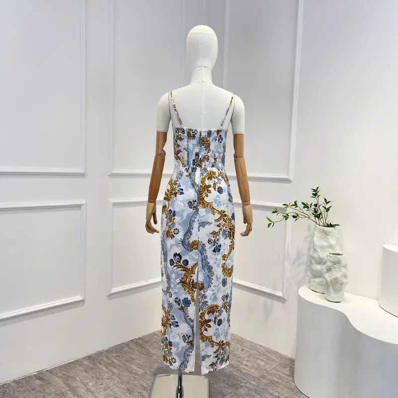 2024 Summer New Women Fashion Top Quality Blue Linen Vintage Floral Print Folds Camisole Back Split Pencil Midi Dress