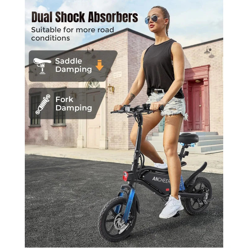 QANCHEER 14" Folding Electric Bike, 22MPH Ebike, Triple Shock Absorber, 48V 374Wh Battery Up to 45 Miles, Brake Taillight,