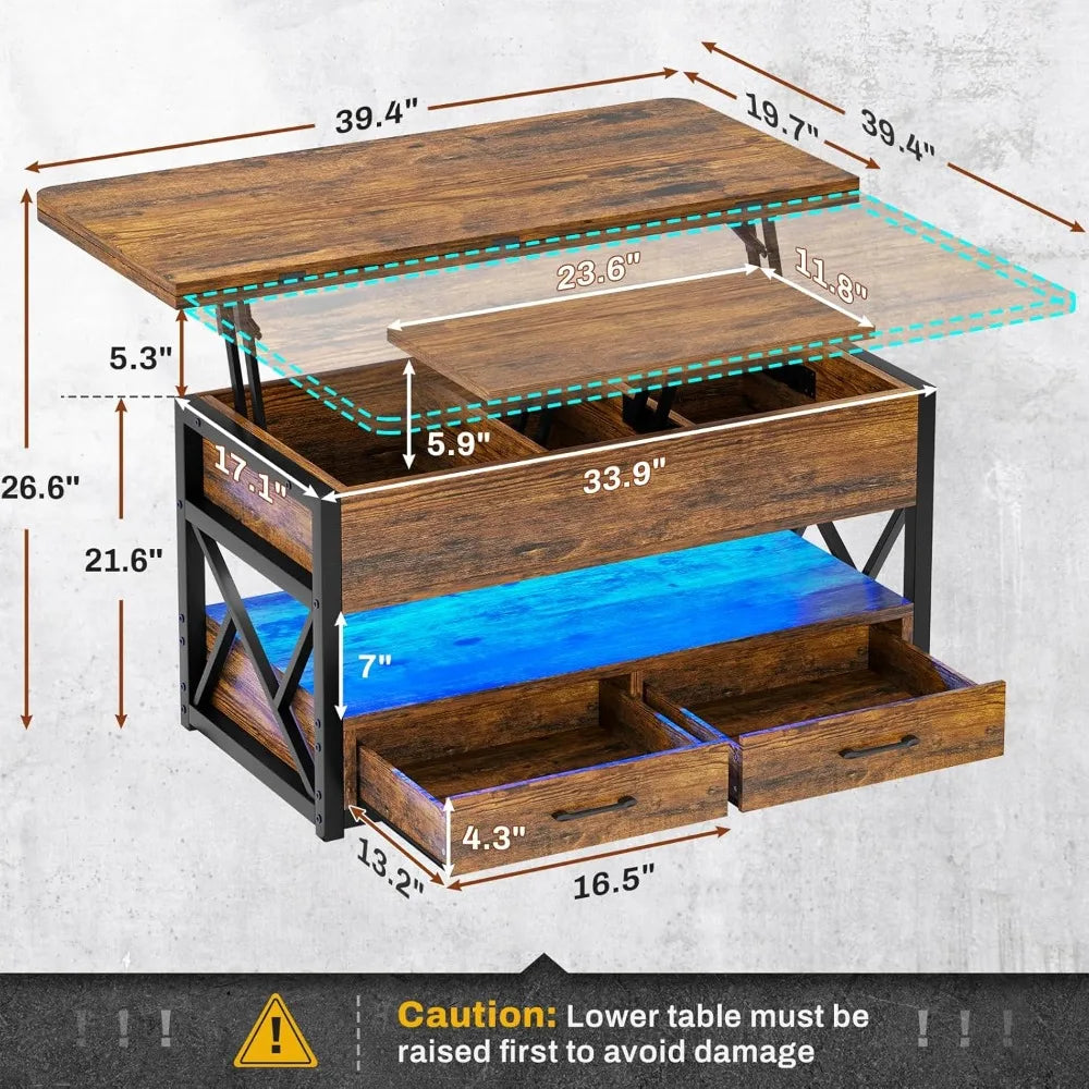 4 in 1 Living room coffee table with storage cabinet, small farmhouse coffee table with 2 drawers for dining room reception room