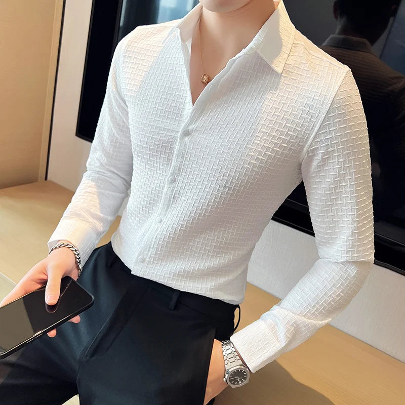 British Style Plaid Shirts Mens Long Sleeve Business Formal Dress Shirt Casual Slim Fit Streetwear Social Party Clothing
