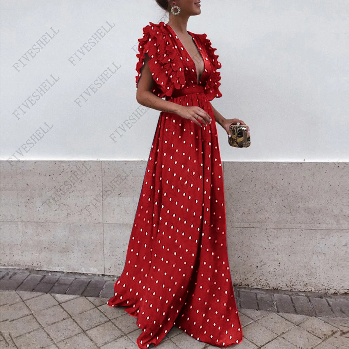 Medieval Polka Dot Chiffon Summer Bohemian Beach Dress Hollow Out Fit and Flare Maxi Women Dresses V Neck Patchwork Vestidos