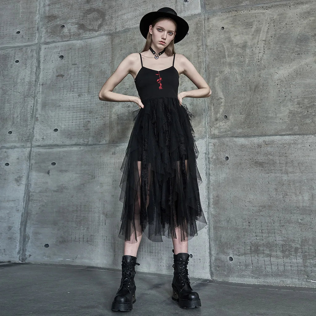 PUNKRAVE Women's Dress Gothic Rose Embroidered Lace Braces Dress Gothic Fashion Sleeveless Summer Mesh Strap Dress
