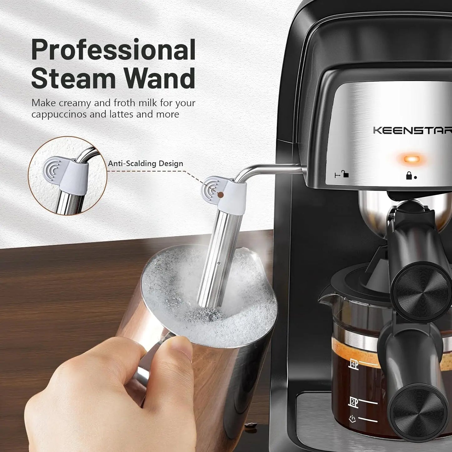 Coffee Machine, 3.5 Bar Espresso Cappuccino Machine, 800W with Milk Frother - 4 Cup Portable Coffee Maker for Latte, Cappuccino,