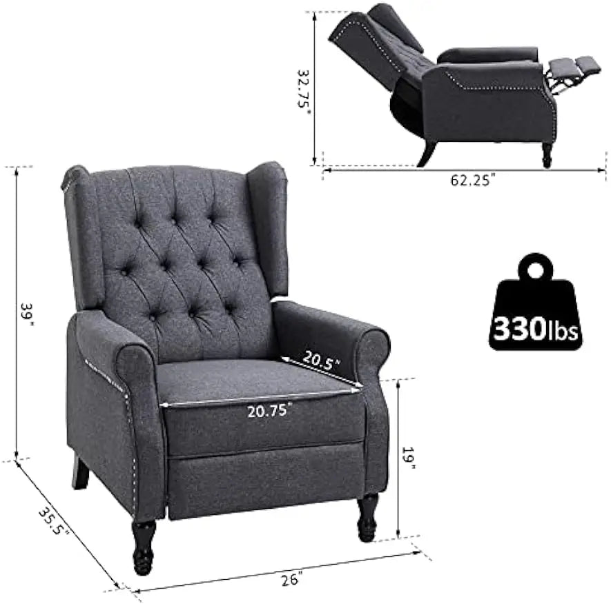 Fabric Upholstered Wingback Recliner, Tufted Push Back Accent Chair, Linen Arm Chair with Footrest, Armrest, Padded Cushion