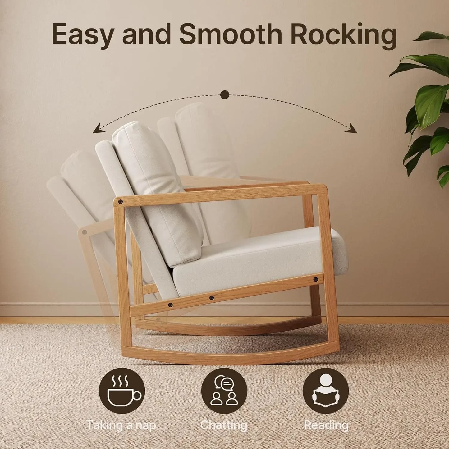 Mid Century Accent Rocking Chair, Upholstered Linen Chair, Single Recliner Armchair with Extra Back Pillow, Solid Wood Frame