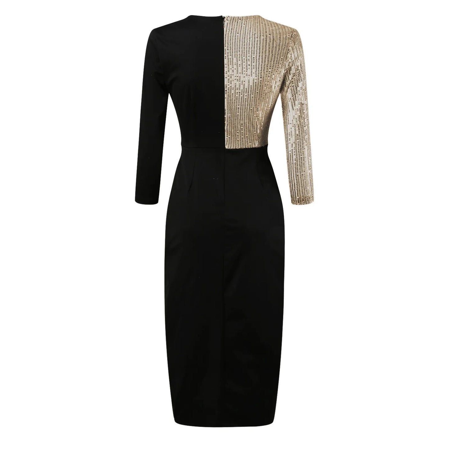 2024 New Luxury High Waist Party Dress Elegant Black Gold Sequins Splice Long Sleeve Prom Split Women Midi Dresses Vestidos