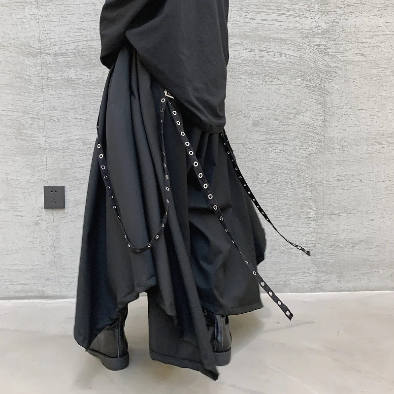 Four seasons Yamamoto style dark men's and women's skirt pants rivet webbing decoration loose wide leg pants hairstylist skirt