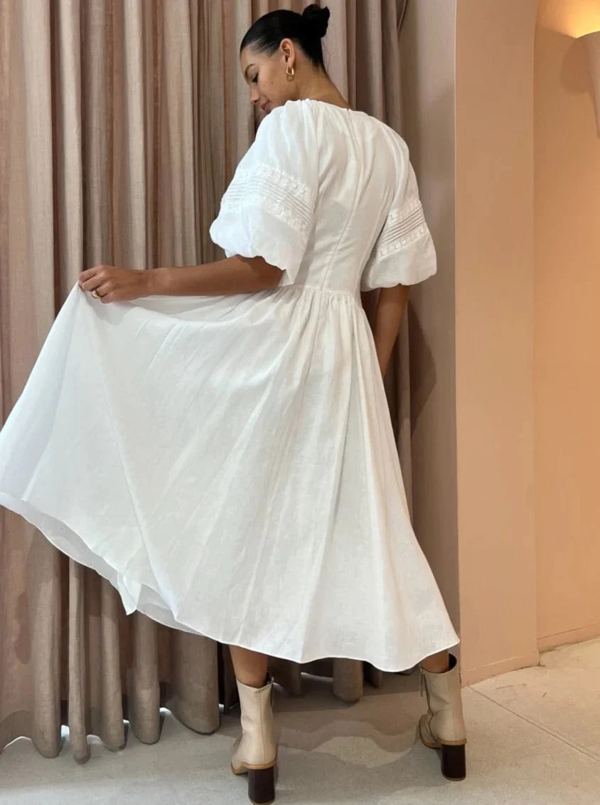Women Lace Embroidery Linen Midi Dress O-Neck Short Lantern Sleeve Folds Decoration Lady long dress