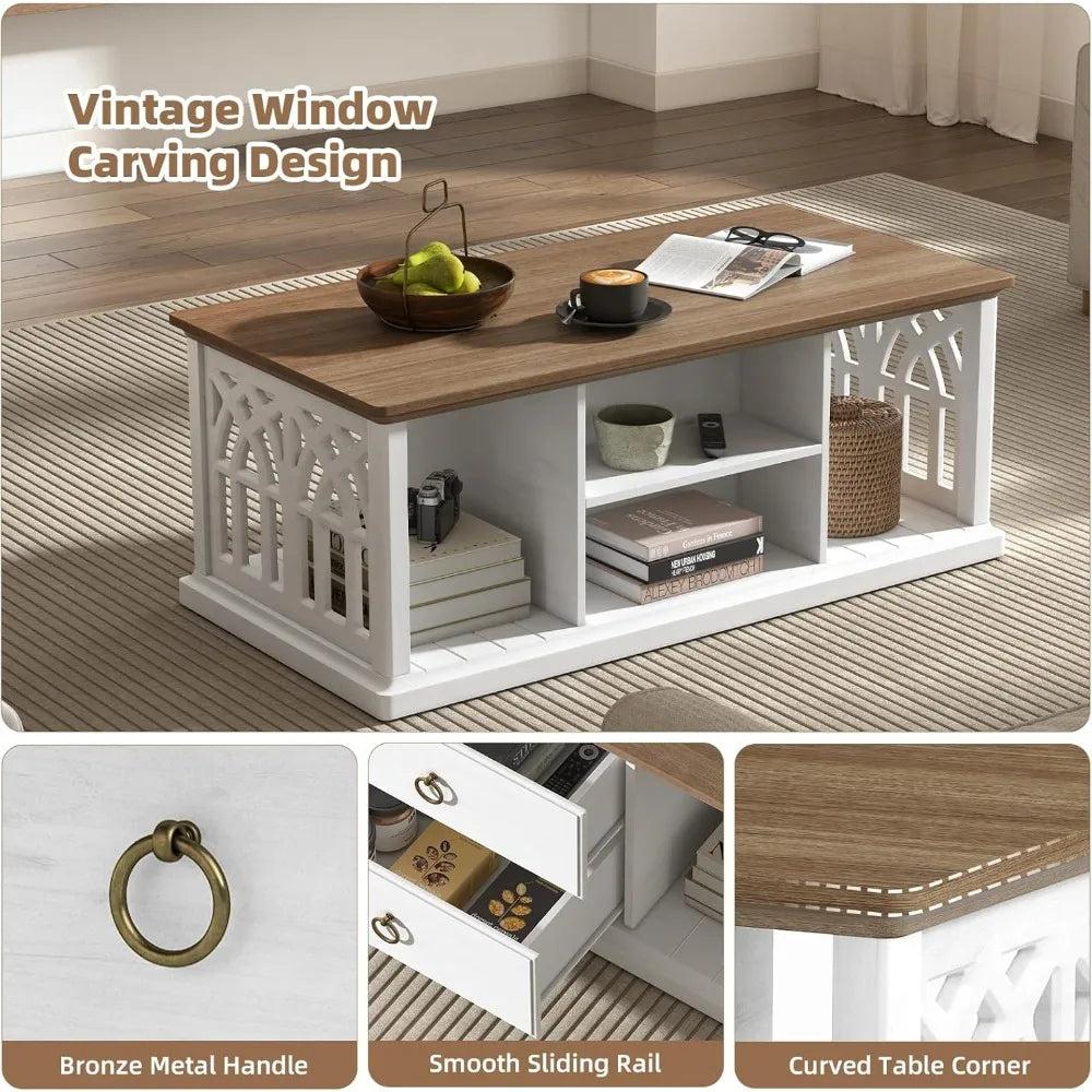 Farmhouse coffee table with storage space, modern coffee table with drawers, living room coffee table with open shelves