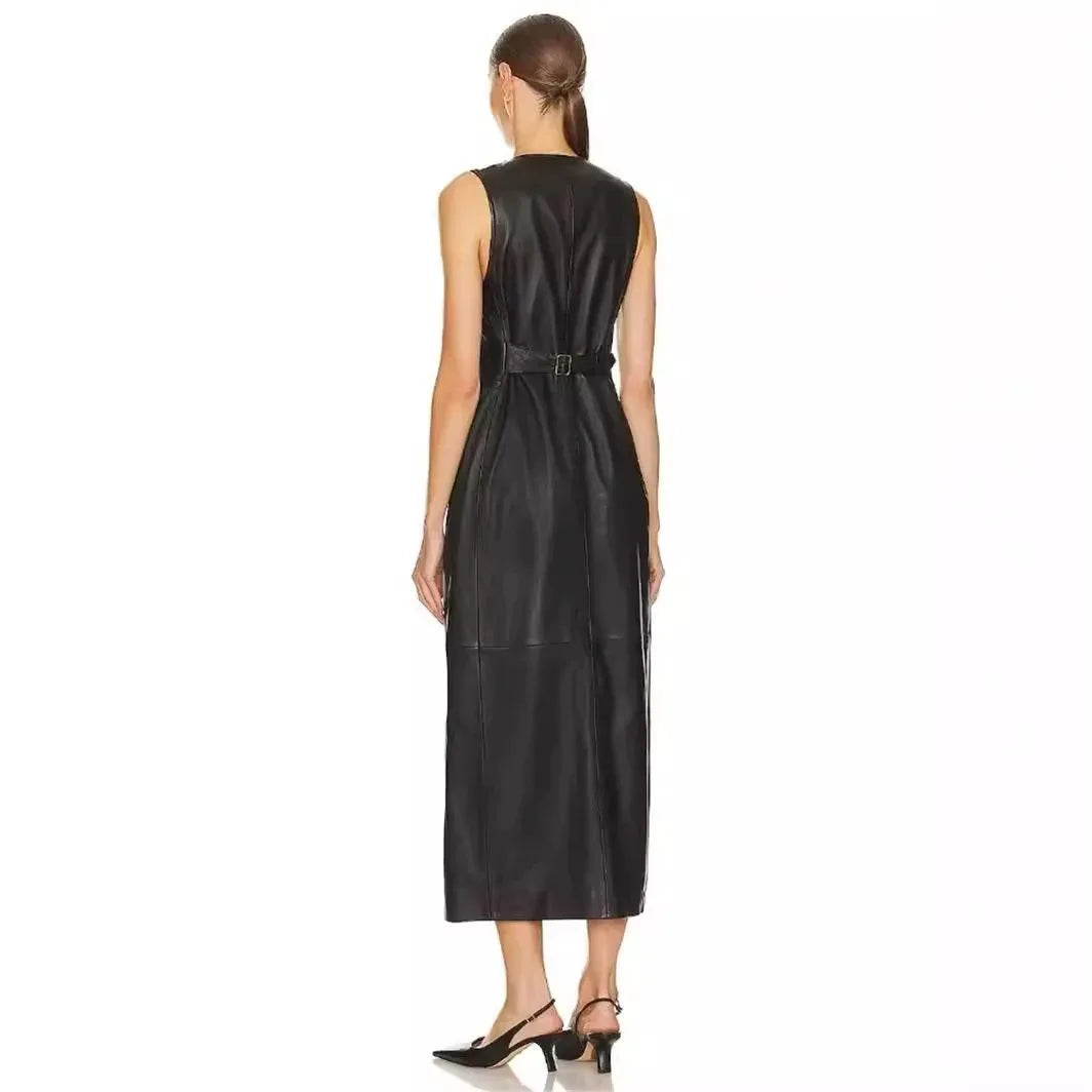 2024 Fashion New Genuine Leather Skirt Sheepskin Slit High Waist Adjustable Multi-Button Dress E51