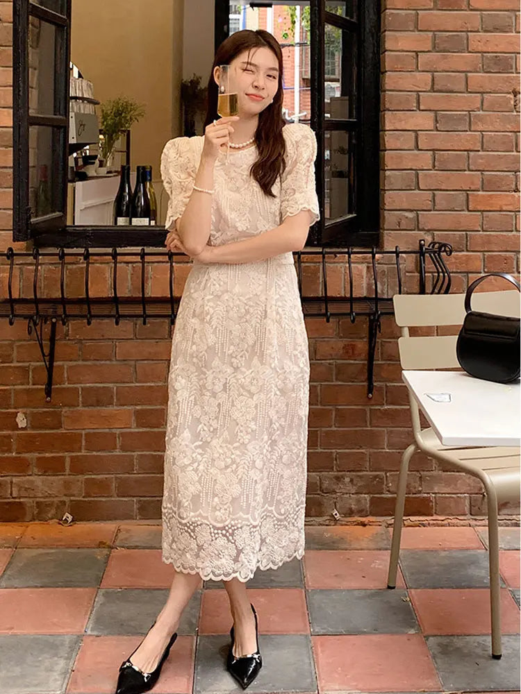 New Summer French Style Lace Women Elegant O Neck Party Midi Dress Fashion Embroidery Cutout Apricot Office Lady Clothes Vestido