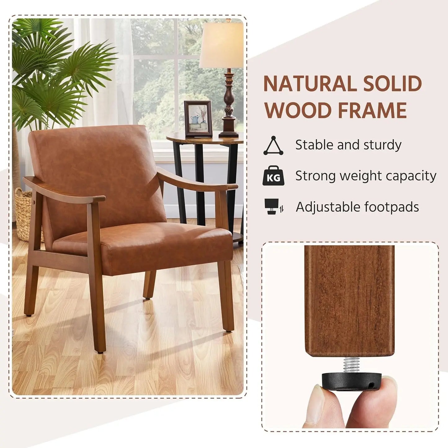 PU Leather Accent Chair, Mid-Century Modern Armchair with Solid Wood Legs, Reading Leisure Chair with High Back for Living Room