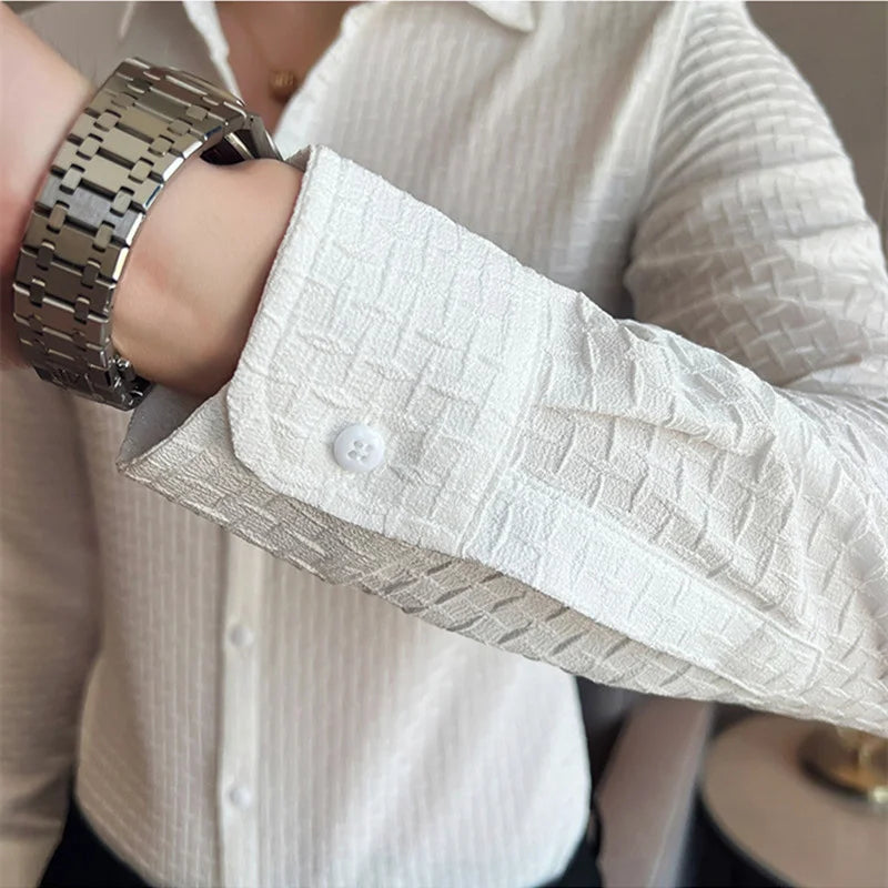 British Style Plaid Shirts Mens Long Sleeve Business Formal Dress Shirt Casual Slim Fit Streetwear Social Party Clothing