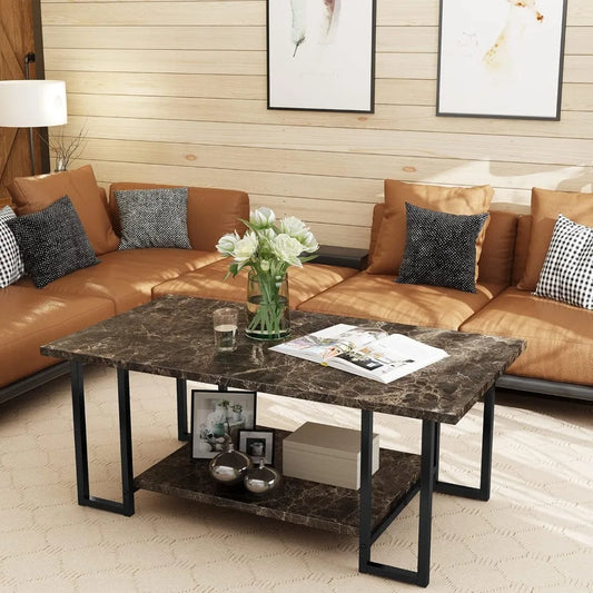 Marble Coffee Table, Imitation Marble Tabletop Rectangular Coffee Table with Black Metal Frame, 2-story Living Room Table