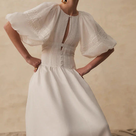 Women Lace Embroidery Linen Midi Dress O-Neck Short Lantern Sleeve Folds Decoration Lady long dress