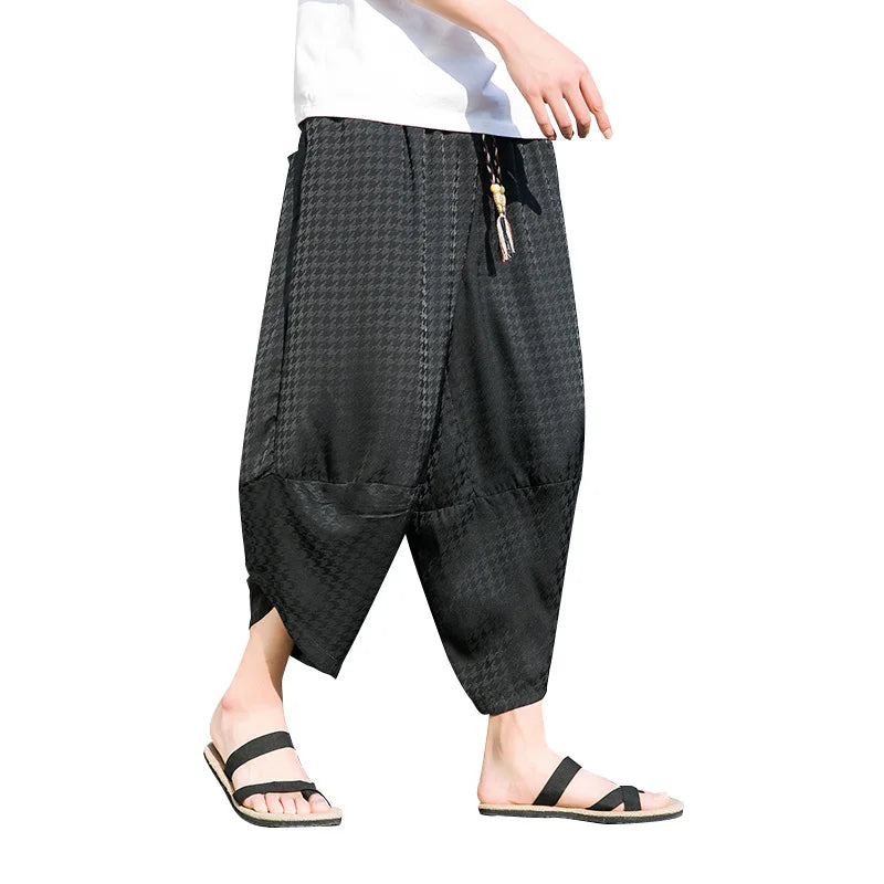 Chinese Traditional Dress Thin Plaid Ice Silk Cropped Pants Summer Loose Plus Size Harem Pants Men Clothing Ethnic Bloomers