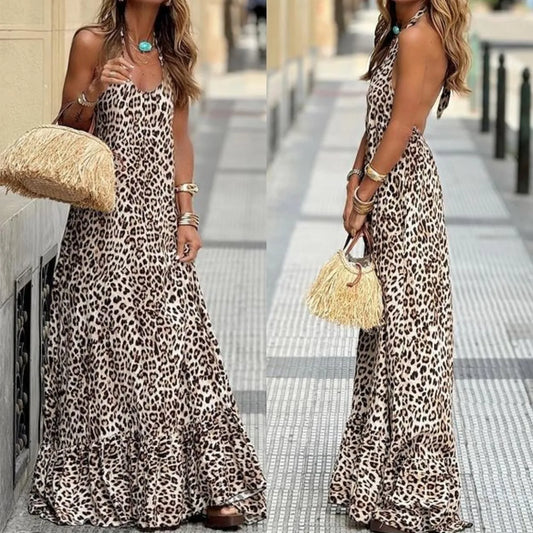 Women's Dress Fashion Spaghetti Strap Summer Leopard Elegant Casual Loose New Dresses For Women Robe Femme Holiday Party Dress