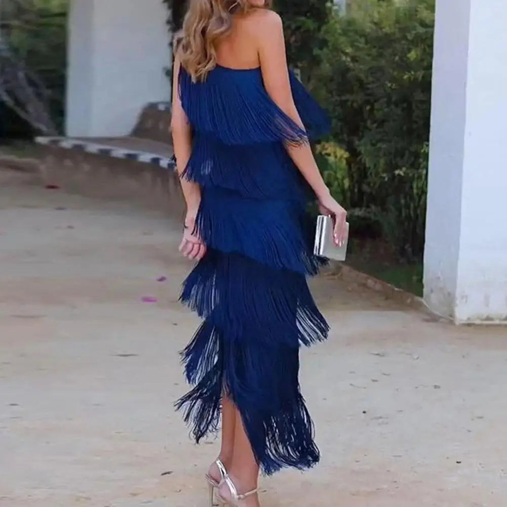 Evening Dress Elegant Fringed Tassel Maxi Dress for Women One Shoulder Asymmetric Evening Gown Cocktail Party Prom Dress