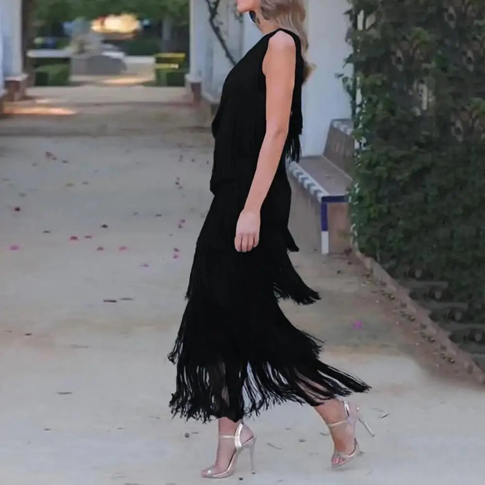 Evening Dress Elegant Fringed Tassel Maxi Dress for Women One Shoulder Asymmetric Evening Gown Cocktail Party Prom Dress