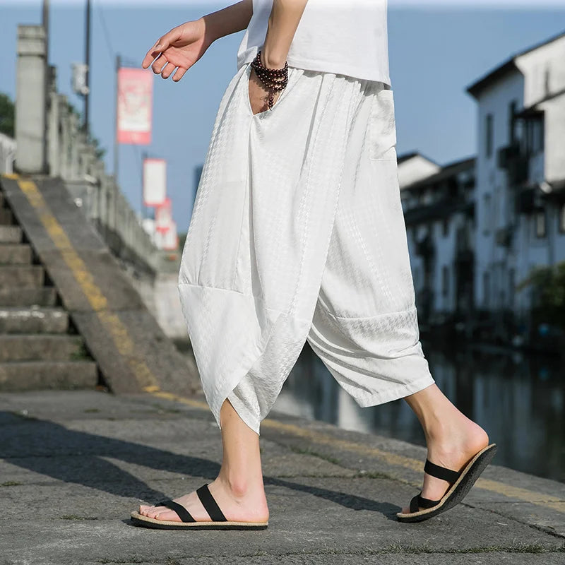 Chinese Traditional Dress Thin Plaid Ice Silk Cropped Pants Summer Loose Plus Size Harem Pants Men Clothing Ethnic Bloomers