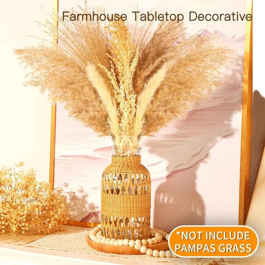 Rustic Farmhouse Vase, Hand Woven Boho Glass Vase for Home Decor, Artistic Decorative Dried Pampas Flower Vases for Bookshlef