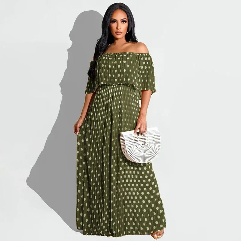 KEXU Polka Dot Off Shoulder Butterfly Sleeve Big Swing Fit Flare Maxi Long Women Dress 2024 Summer Holiday Boho Sundress