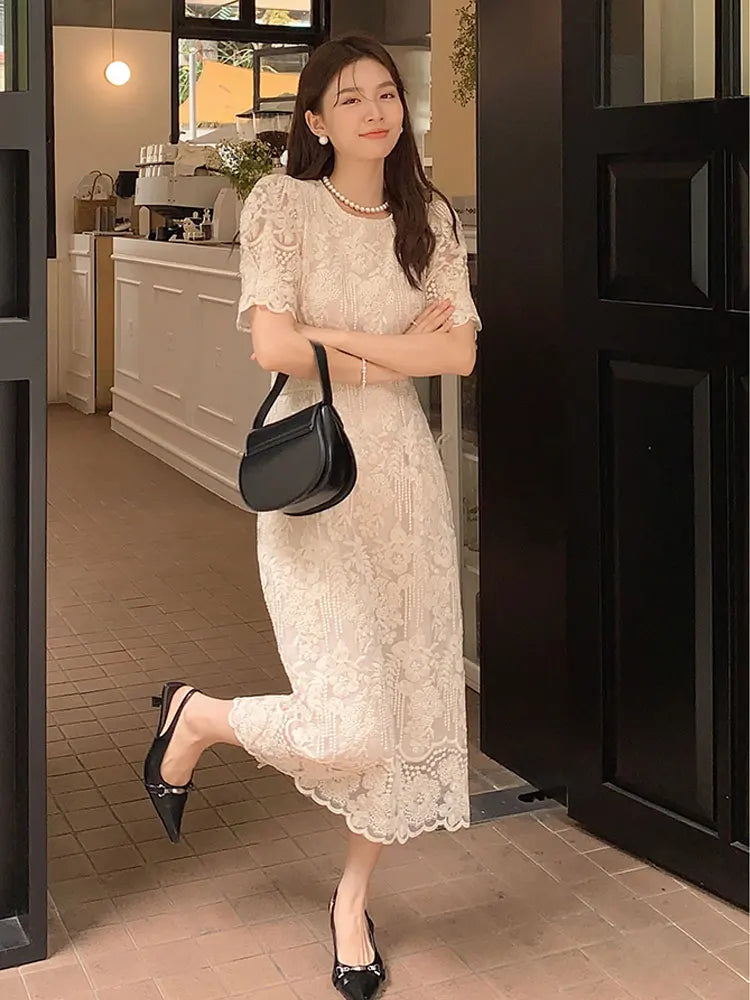 New Summer French Style Lace Women Elegant O Neck Party Midi Dress Fashion Embroidery Cutout Apricot Office Lady Clothes Vestido