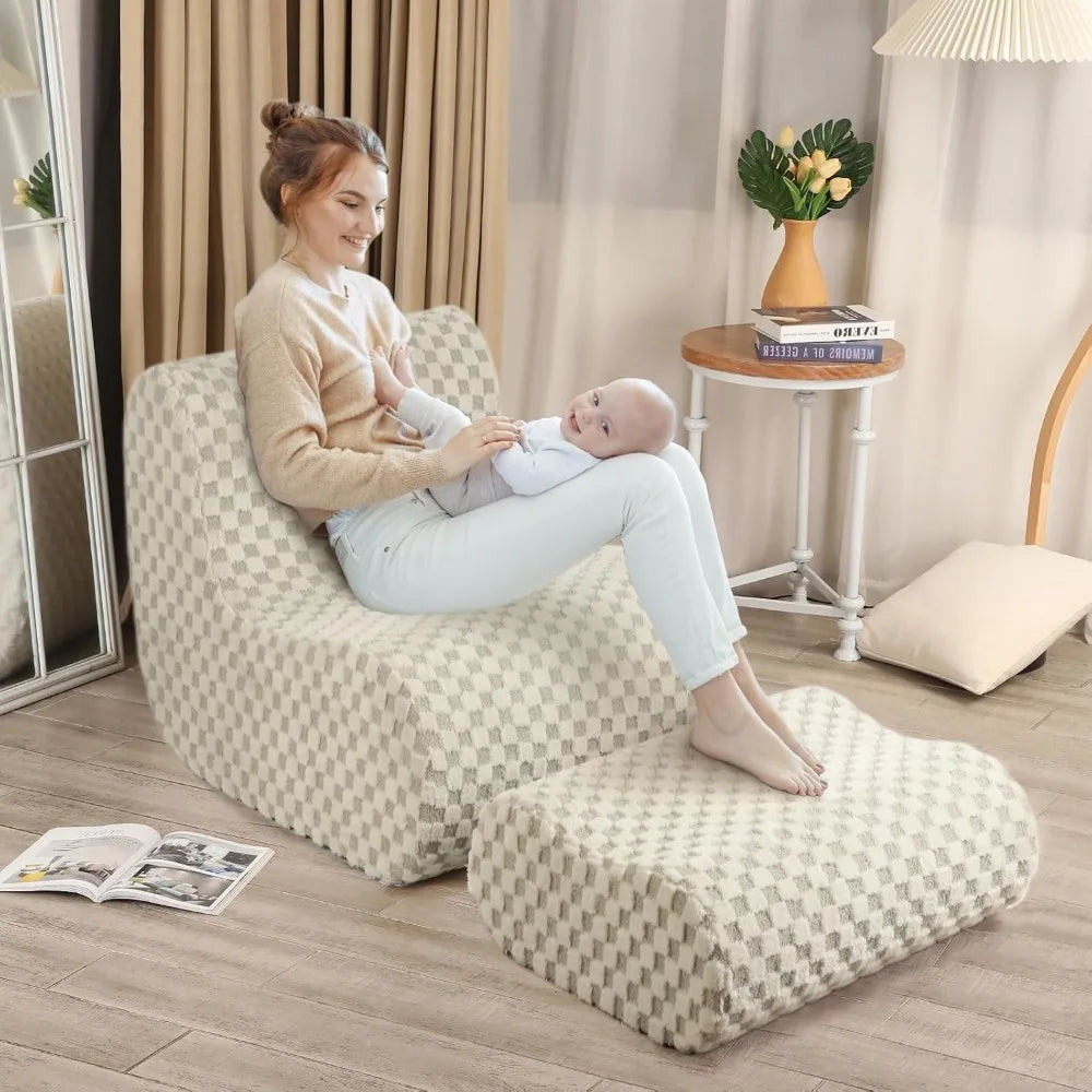 Accent Bean Bag Chair with Footstool, Modern Lazy Sofa Chair with Comfy Jacquard Shaggy Plush,creating a cozy and charming space