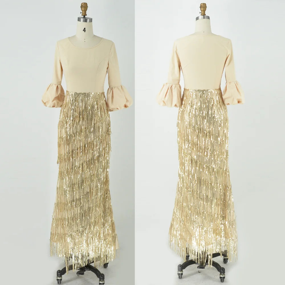 Women's Party Dresses Round Neck Lantern Long Sleeve Tassel Slim Gold Dress 2024 Autumn New Ladies Elegant Evening Clothes