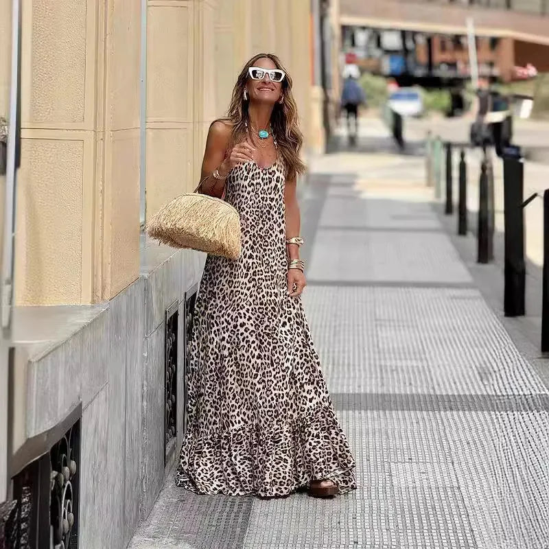Women's Dress Fashion Spaghetti Strap Summer Leopard Elegant Casual Loose New Dresses For Women Robe Femme Holiday Party Dress