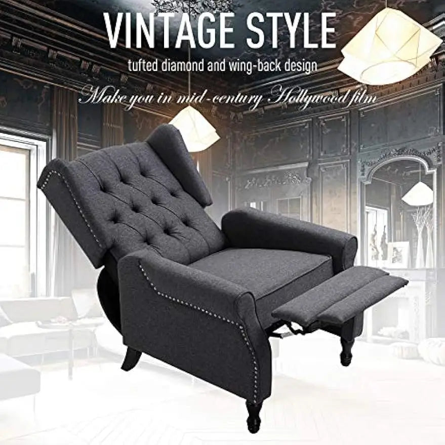 Fabric Upholstered Wingback Recliner, Tufted Push Back Accent Chair, Linen Arm Chair with Footrest, Armrest, Padded Cushion