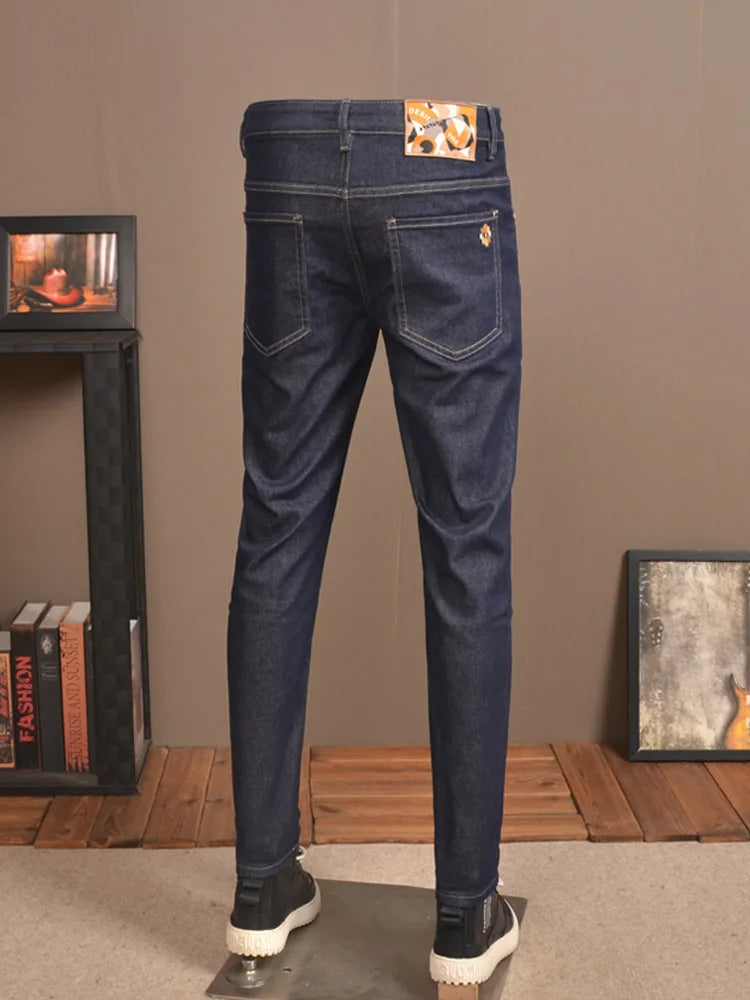 Primary Color Jeans Men's Fashion Bank Stretch Slim Fit Feet High-End Trend Blue Washed Casual Men's Trousers