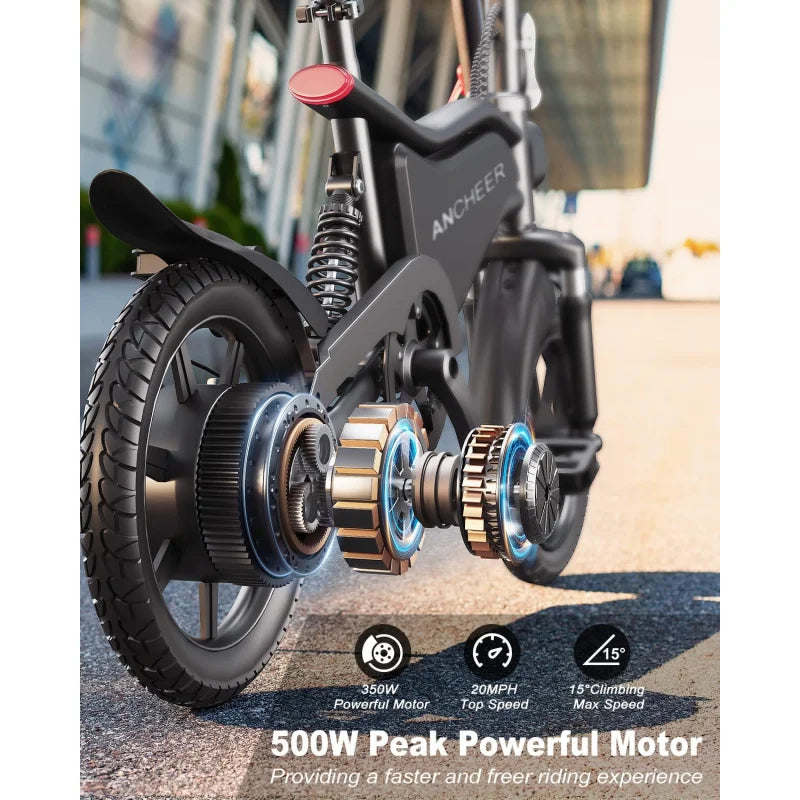 QANCHEER 14" Folding Electric Bike, 22MPH Ebike, Triple Shock Absorber, 48V 374Wh Battery Up to 45 Miles, Brake Taillight,